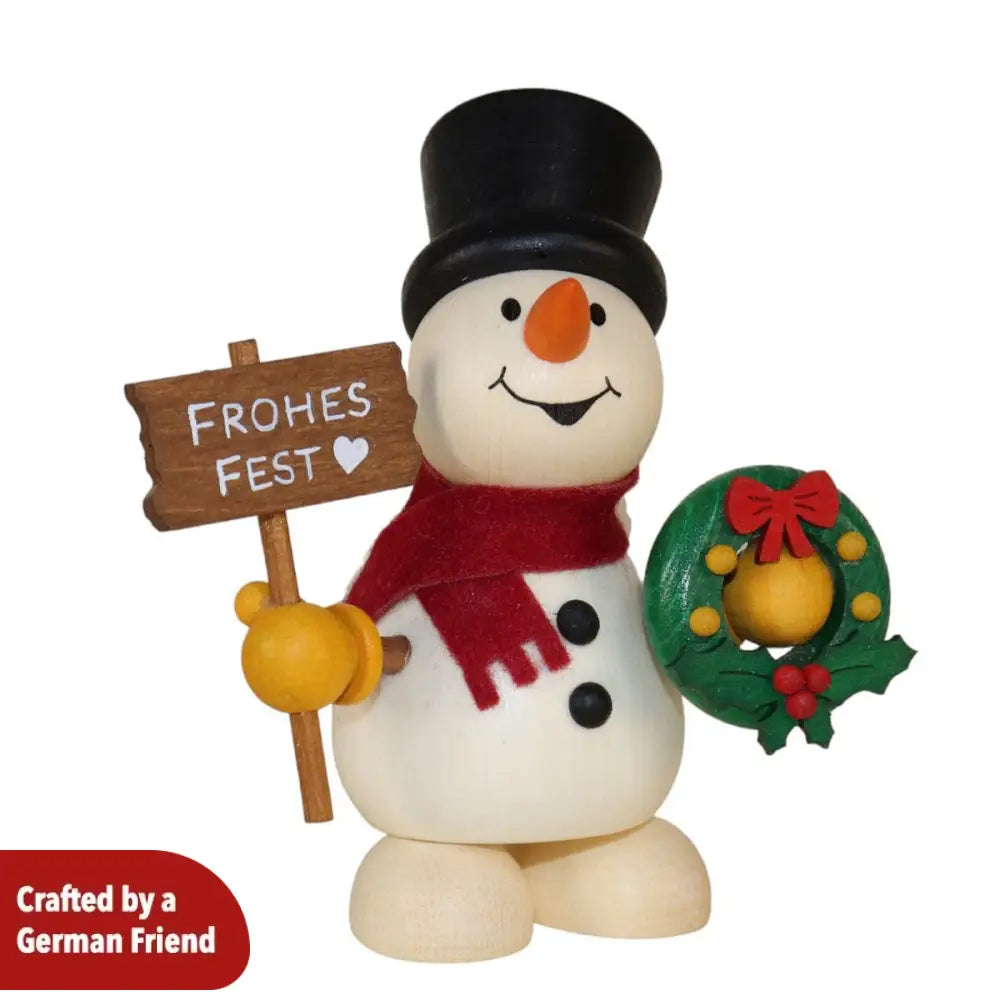 Snowman with Wreath and “Frohes Fest” Sign