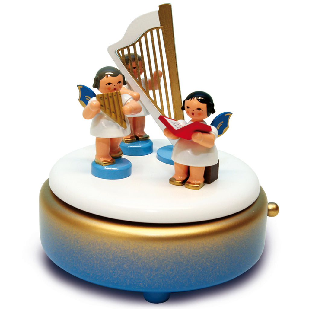 Music Box Blue, White & Gold with Three Angels and Harp
