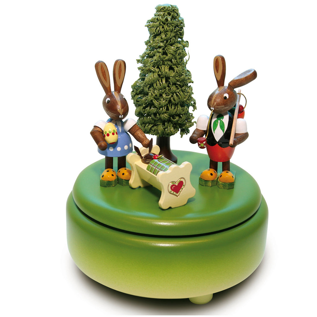 Green Music Box with Two Easter Bunnies & Cradle