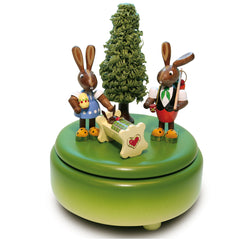 Green Music Box with Two Easter Bunnies & Cradle