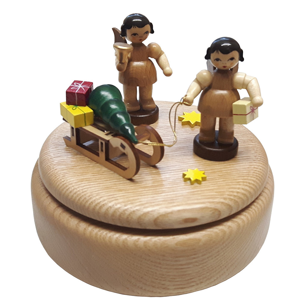 Natural Music Box with Two Natural Angels & Christmas Sleigh
