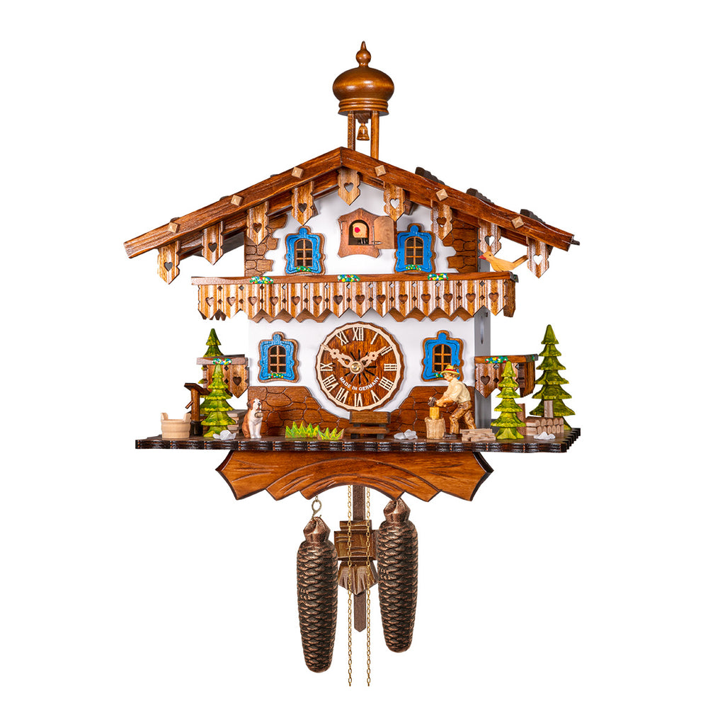 8-Day Traditional Cuckoo Clock White Chalet with Woodchopper