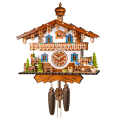 8-Day Traditional Cuckoo Clock White Chalet with Two Lumberjacks