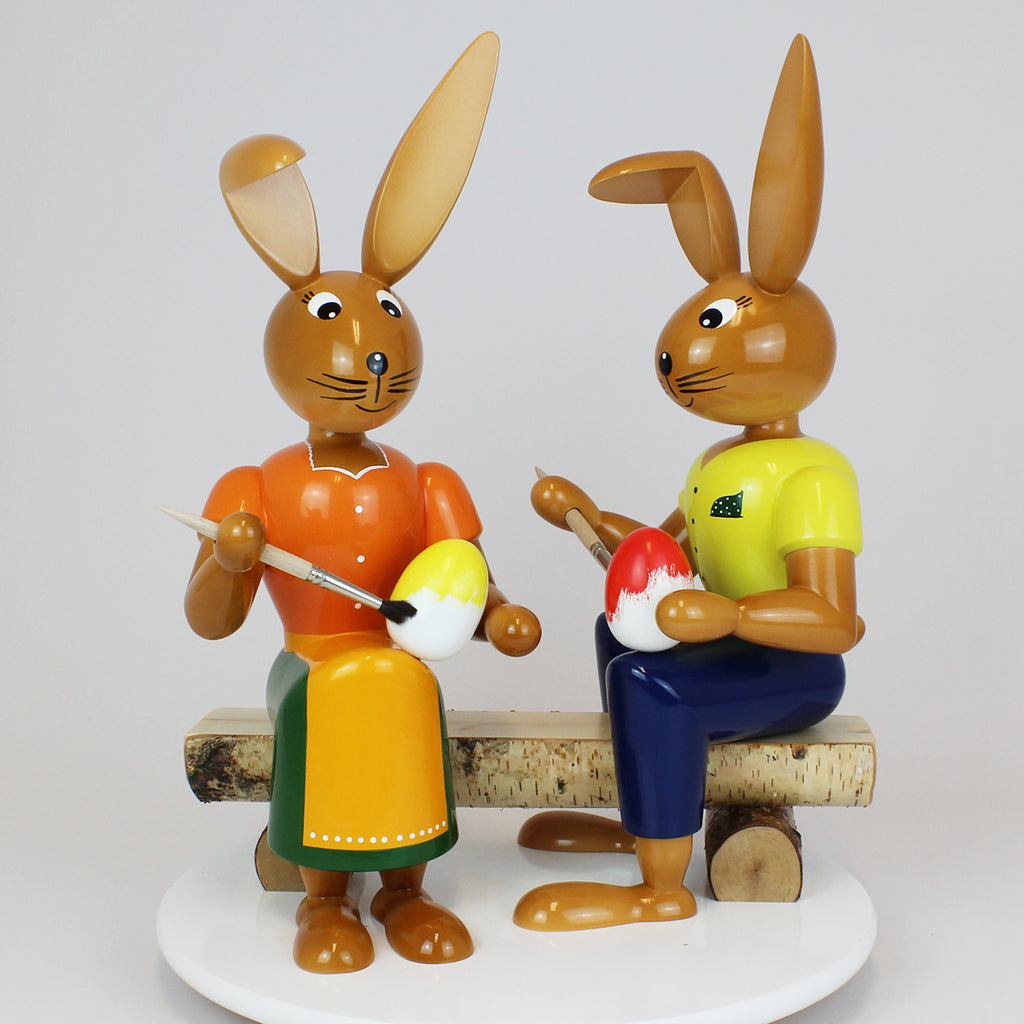 Large Easter Bunny Painter Couple on Bench