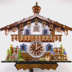8-Day Traditional Cuckoo Clock White Chalet with Two Lumberjacks